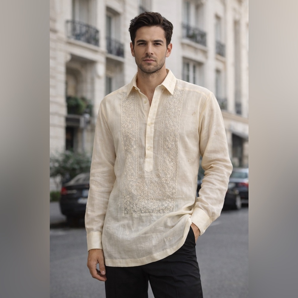 Long-Sleeve Barong Tagalog – Cream Embroidered Shirt